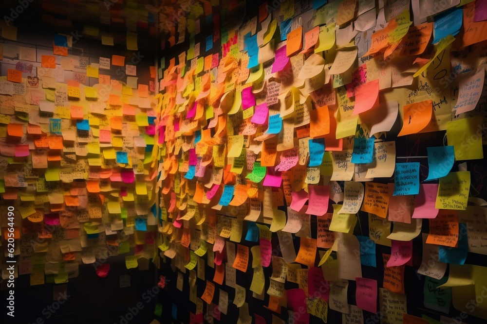 Vibrant sticky notes on wall with scribbles. Generative AI