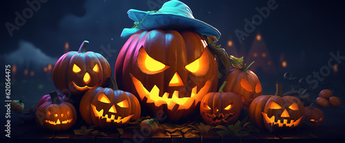 Halloween banner. Glowing Halloween carved pumpkins on dark blurry background. Generative Ai.