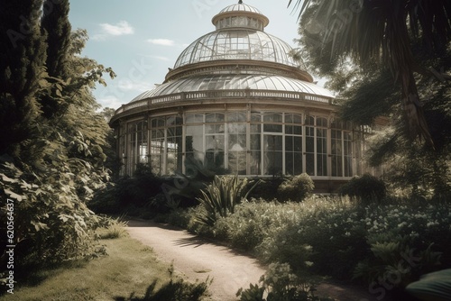 Sunny day view of Palm House in Kew's Royal Botanic Gardens orangery. Generative AI photo