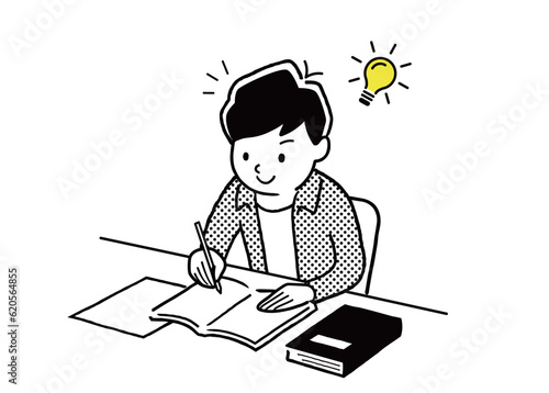 ベクターイラスト素材：勉強する10代、男子、学生
