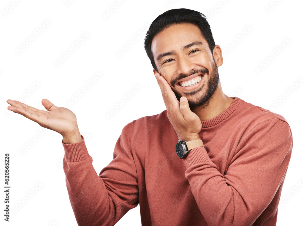 Portrait, smile and asian man with hand pointing to announcement on