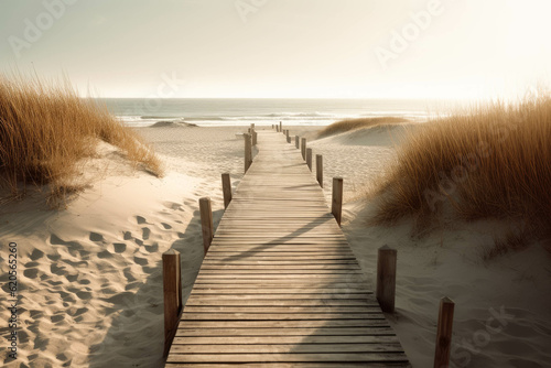 Seaside Timber Trail Amidst Grassy Dunes