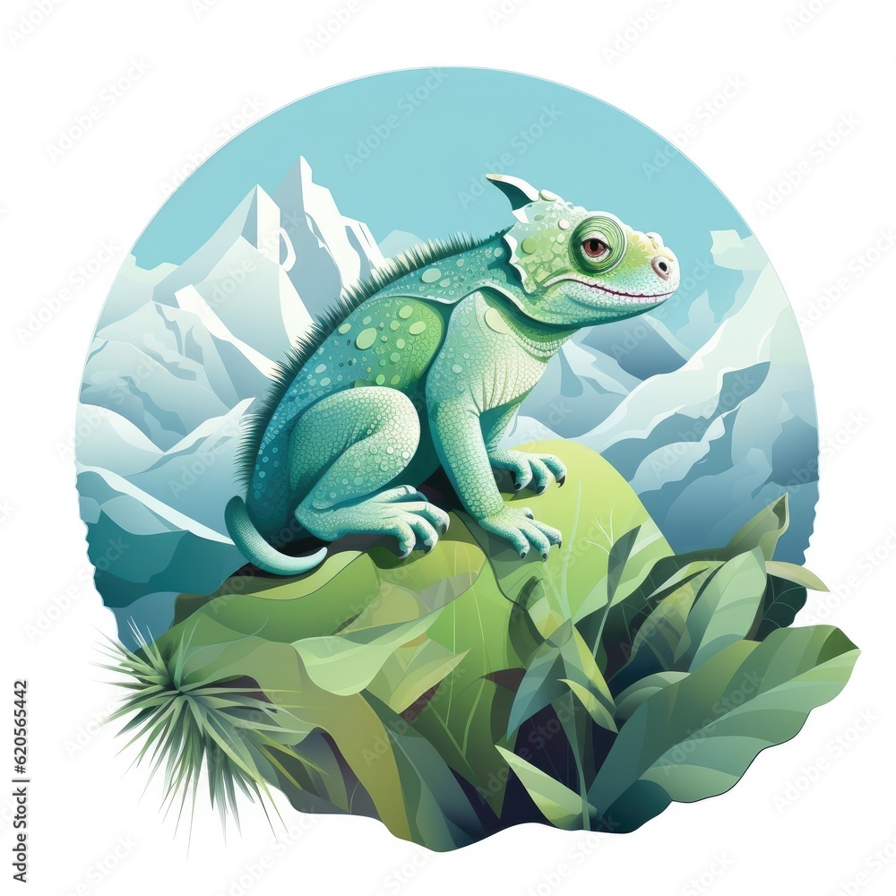 Obraz premium Chameleon sitting at top of tree with view on big mountains. Generative Ai.