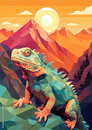 Chameleon changing colors at the top of mountains  sunset light  pastel colors. Generative Ai.