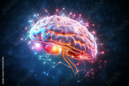 Human brain in future fantastic lights. AI generated