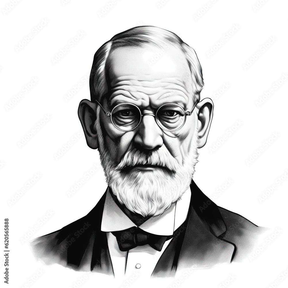 Black and white vintage engraving, headshot portrait of Sigmund Freud as old man with suit and glasses, serious expression, face straight-on, facing camera, white background, greyscale - Generative AI