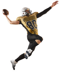 Motivated athlete, man, american football player in motion during game, throwing ball isolated on transparent background. Concept of professional sport, competition, hobby, action, concentration