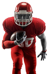 Young man, professional american football player holding ball and running isolated on transparent background. Motivation to win. Concept of professional sport, competition, hobby, action, match
