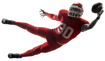 Dynamic image of young man, professional american football playing in motion, catching ball in jump isolated on transparent background. Concept of professional sport, competition, hobby, action