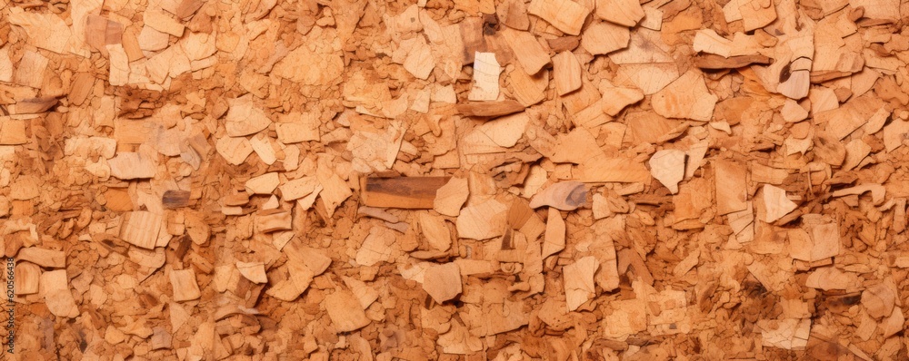 Abstract background of cork surface with natural chaotic texture in light brown, panorama. Generative Ai.
