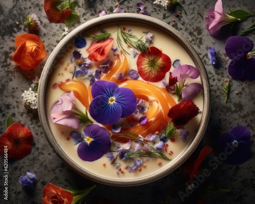Quenelle plated on a vintage porcelain dish with colorful edible flowers