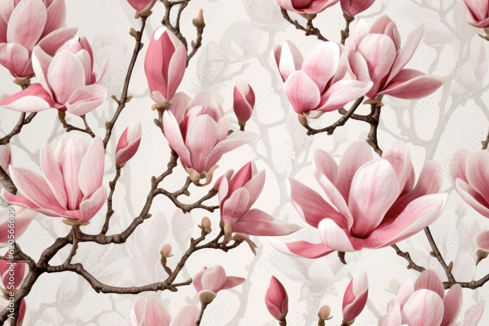 Pink magnolia flowers on white background, created using generative ai technology