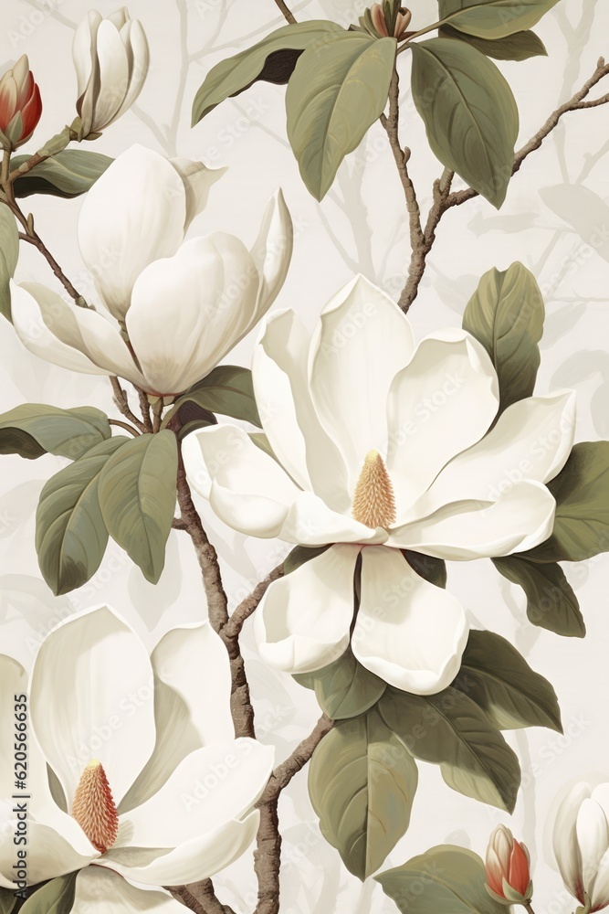 White magnolia flowers on white background, created using generative ai technology