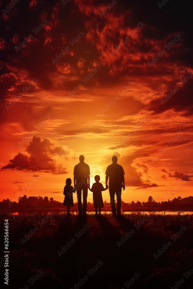 Silhouette of male gay couple with two daughters at sunset, created using generative ai technology