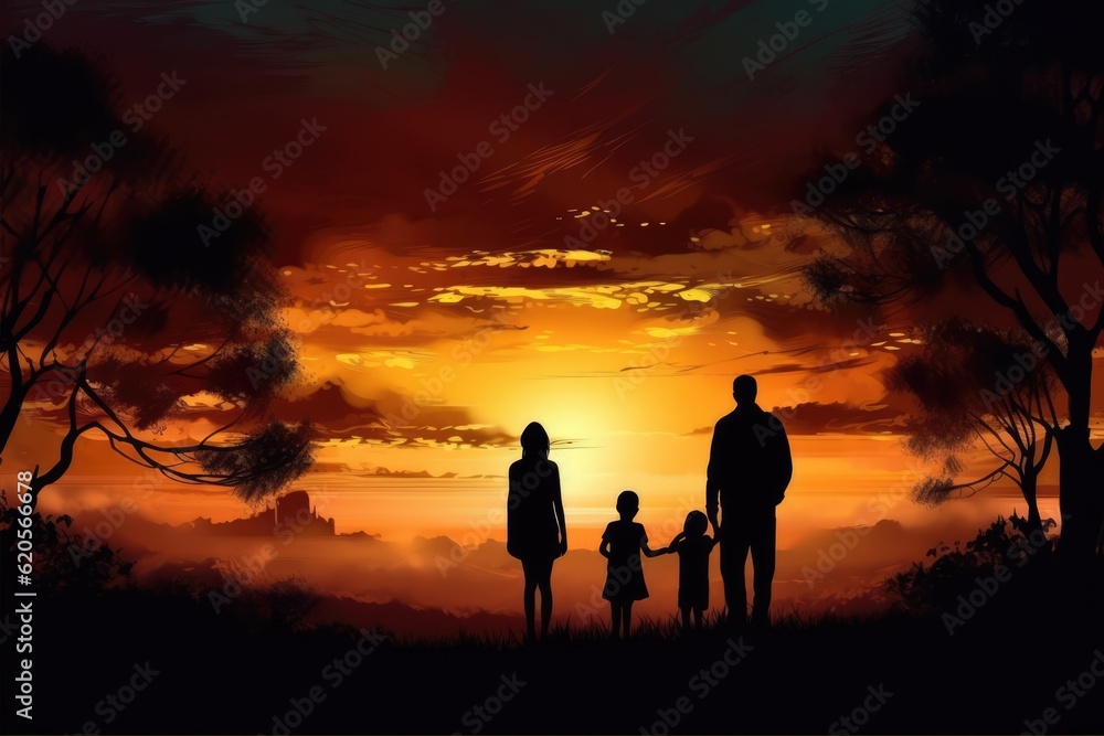 Silhouette of couple with son and daughter at sunset, created using generative ai technology