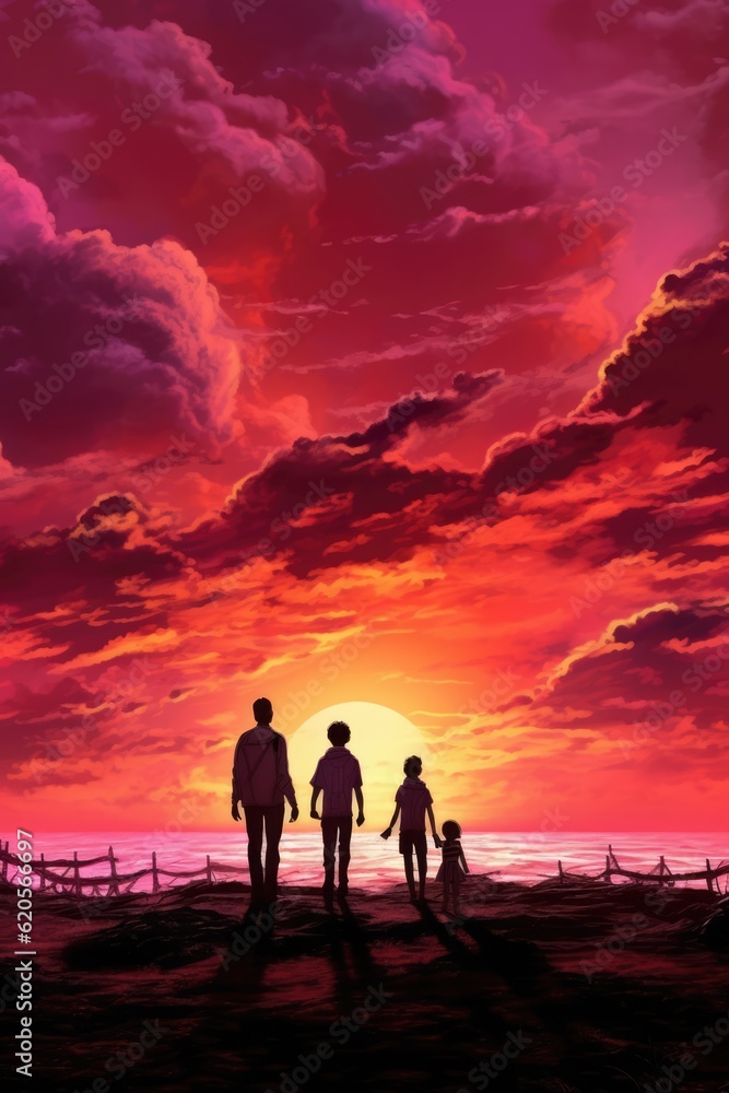 Silhouette of couple with son and daughter at sunset, created using generative ai technology