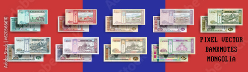 Vector set of pixelated mosaic banknotes of Mongolia. Bills in denominations from 10 to 20000 Mongolian tugriks. Flyers or play money.