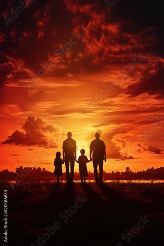 Silhouette of male gay couple with two daughters at sunset, created using generative ai technology
