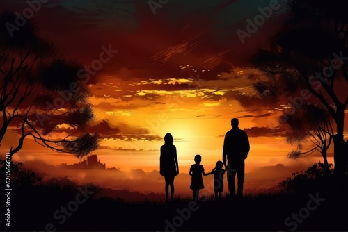 Silhouette of couple with son and daughter at sunset, created using generative ai technology © Future Vision