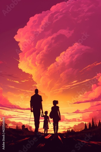 Silhouette of couple with daughter at sunset  created using generative ai technology