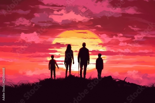 Silhouette of couple with son and daughter at sunset  created using generative ai technology