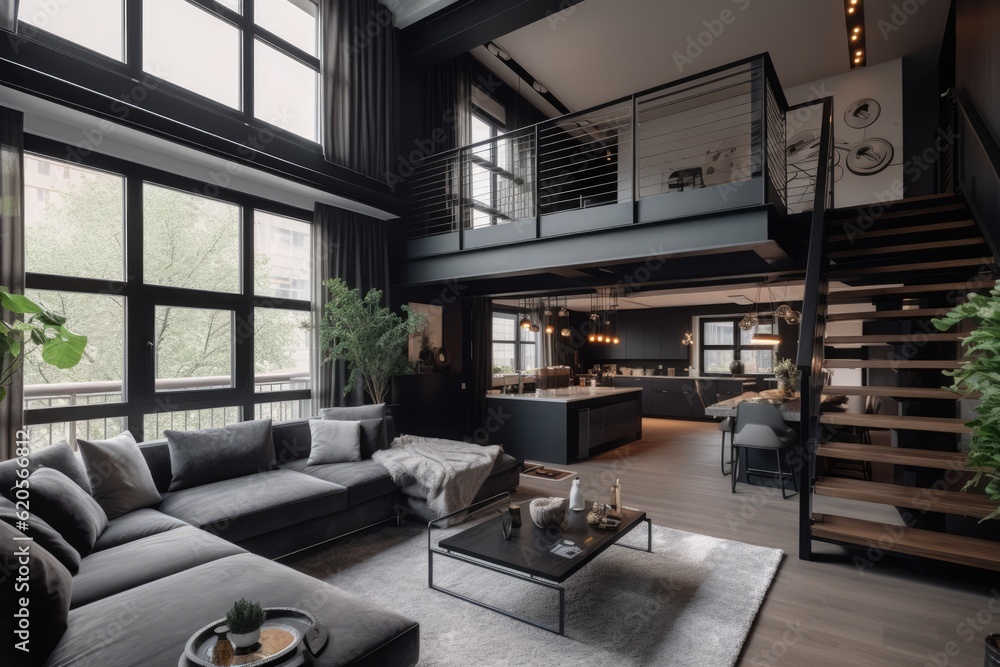 General view of modern loft apartment with large windows, created using generative ai technology General view of modern loft apartment with large windows, created using generative ai technology