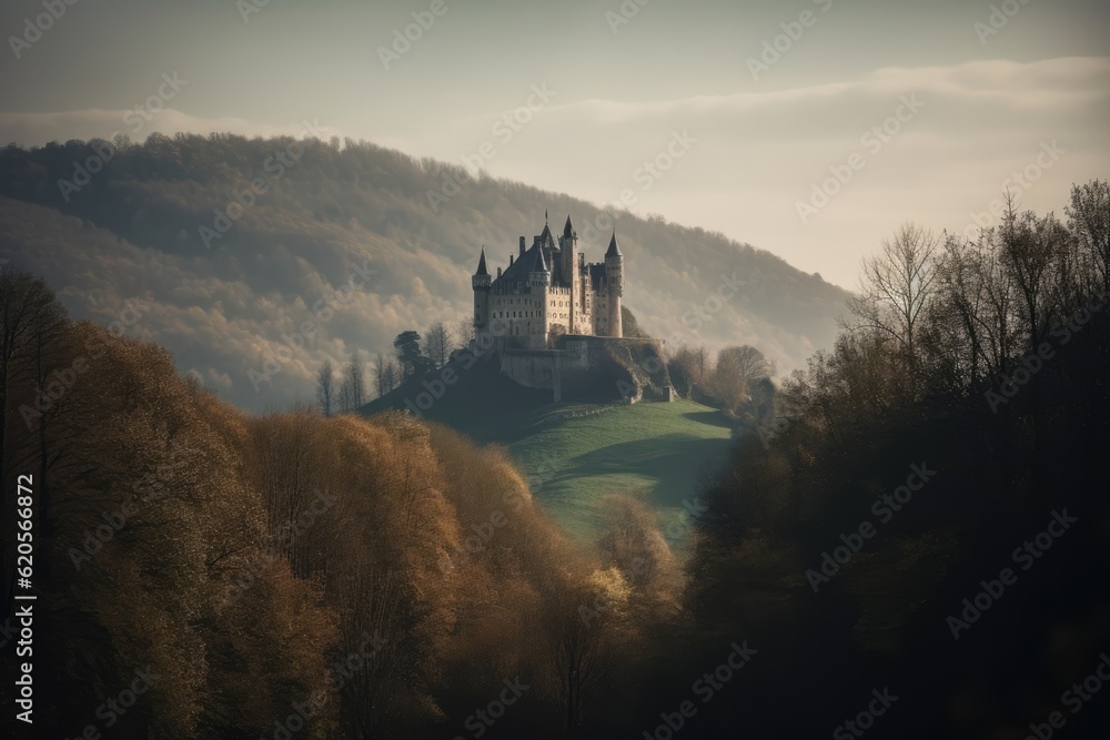 Landscape with castle in mountains, created using generative ai technology