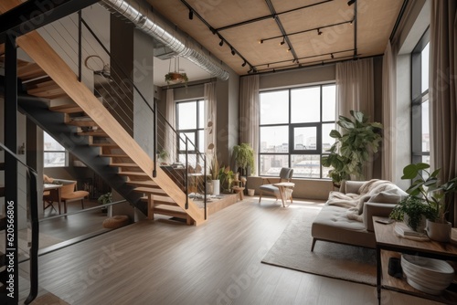 General view of modern loft apartment with large windows, created using generative ai technology © Future Vision