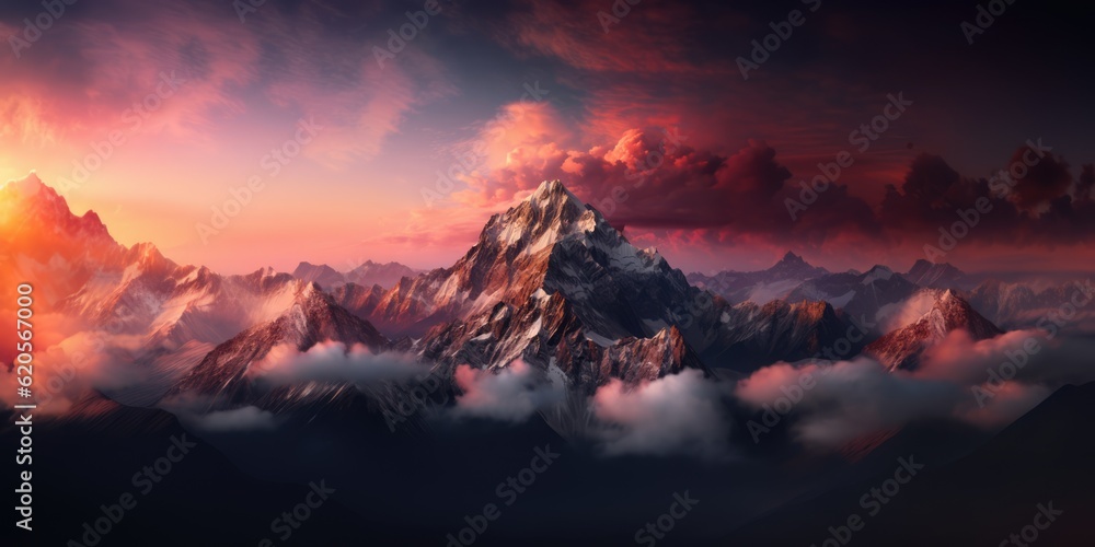 General view of mountain peak and orange clouds, created using generative ai technology