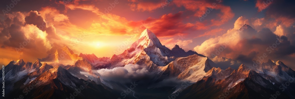 General view of mountain peaks and orange clouds, created using generative ai technology