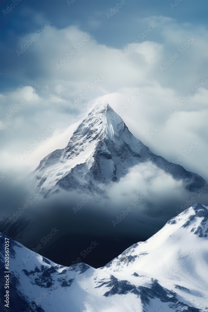 General view of snowy mountain peak and clouds, created using generative ai technology