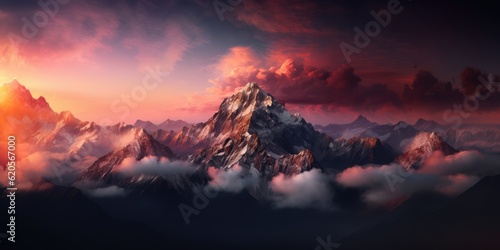 General view of mountain peak and orange clouds  created using generative ai technology