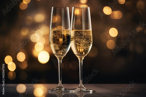 Two glasses of champagne with lights in background, created using generative ai technology