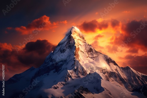 General view of snowy mountain peak and orange clouds, created using generative ai technology