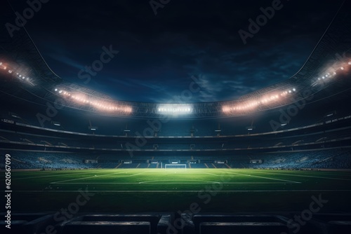 Lit empty football stadium at night  created using generative ai technology