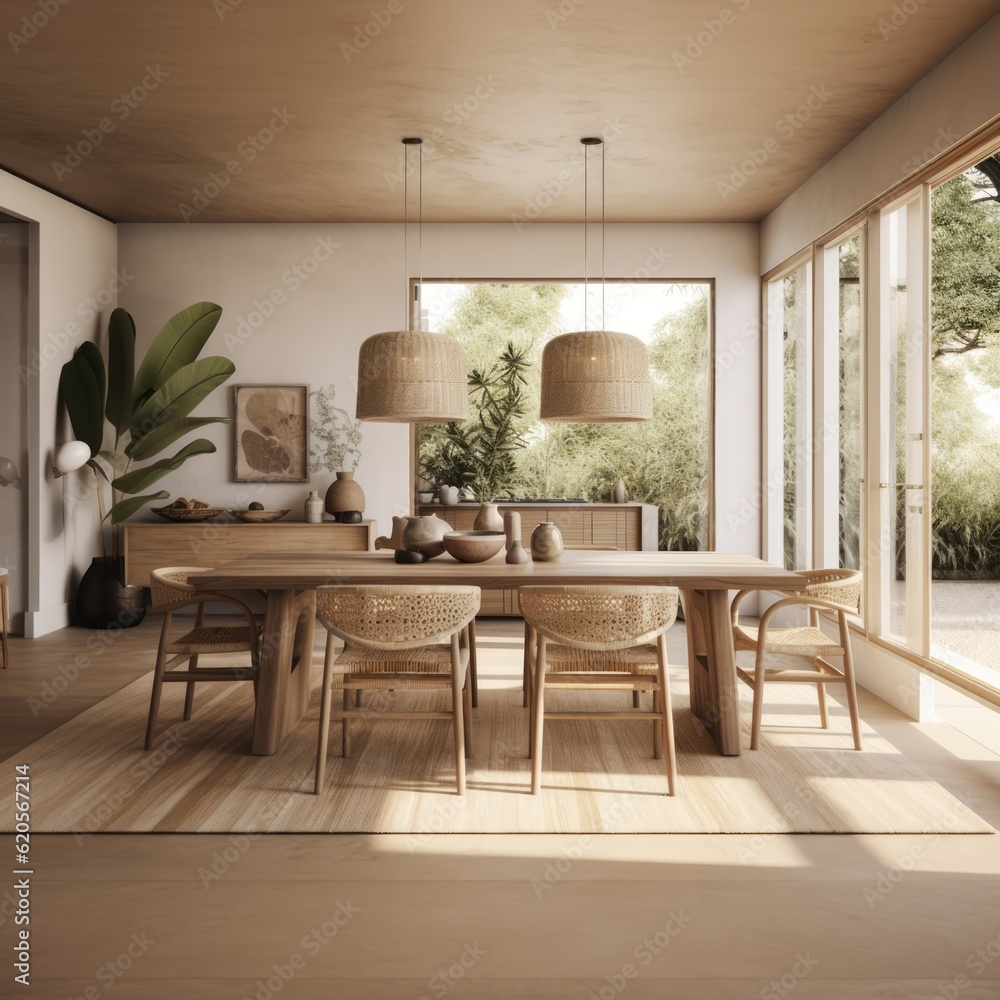 Fototapeta premium Dining room interior with table plants and decorations created using generative ai technology
