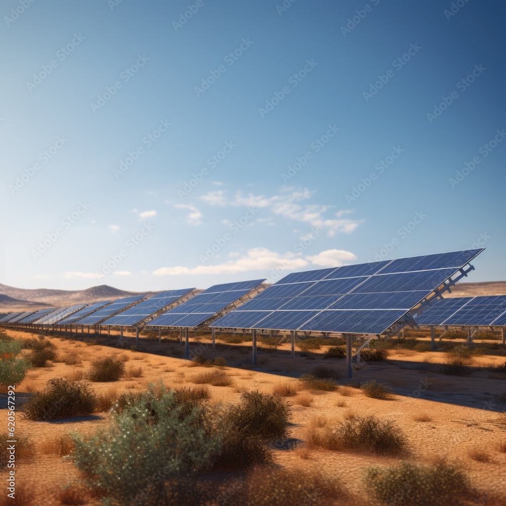 Solar panels on field and blue sky with clouds, created using generative ai technology Solar panels on field and blue sky with clouds, created using generative ai technology