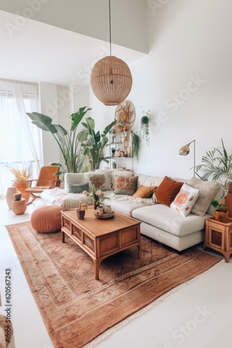 Living room interior with sofa  plants and decorations created using generative ai technology