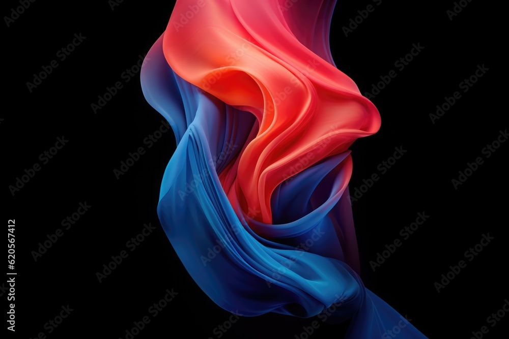 Close up of red and blue silk material on black background, created using generative ai technology Close up of red and blue silk material on black background, created using generative ai technology