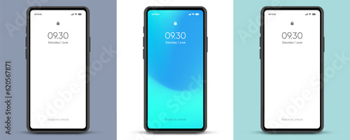 3D realistic high quality smartphone mockup with isolated background. Smart phone mockup collection. Device front view. 3D mobile phone with shadow on white background.