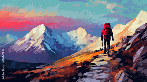 Silhouettes of hiking and mountain climbing. Color drawing.