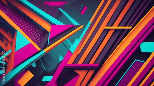 Abstract background with geometric patterns and vibrant neon colors that radiate energy and excitement. Generative AI
