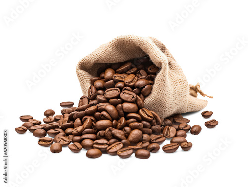 Coffee beans in a sack isolated on transparent or white background, png © Medard