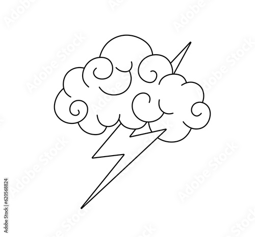 Vector isolated one single cloud with thunderstorm lightning with curlicues colorless black and white contour line easy drawing