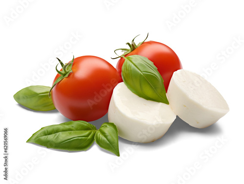 Mozzarella with tomato and basil isolated on transparent or white background, png