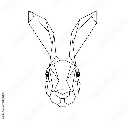 Vector isolated one single origami polygonal rabbit hare bunny head front view colorless black and white contour line easy drawing