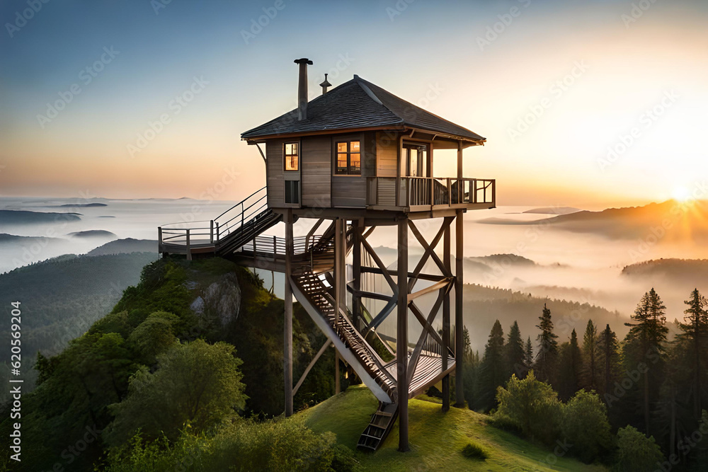 Morning time of a tree-house on the hill