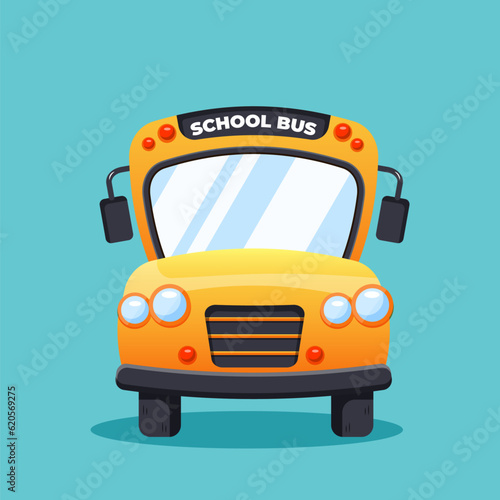 School bus banner blue background. Cartoon school bus. Back to school banner