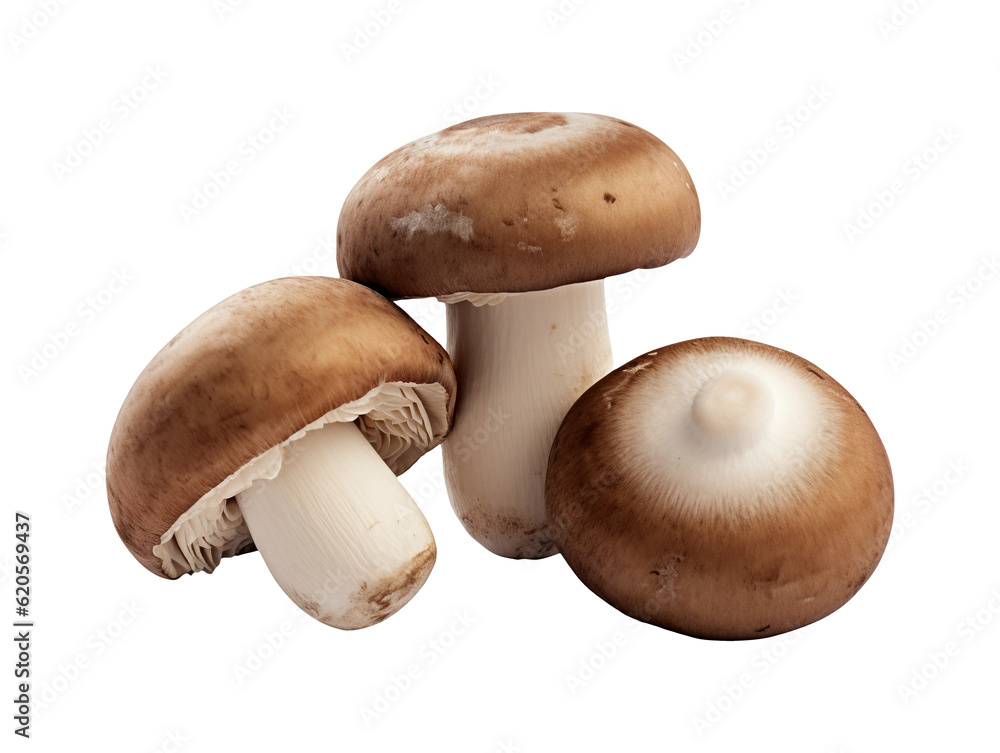 Three brown champignons or portobello mushrooms isolated on transparent or white background, png