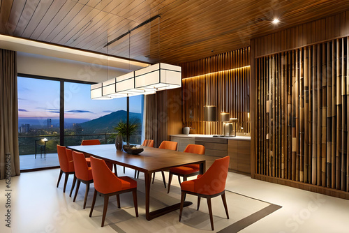 Box lamp with porcelain tableware in a luxury dinning room